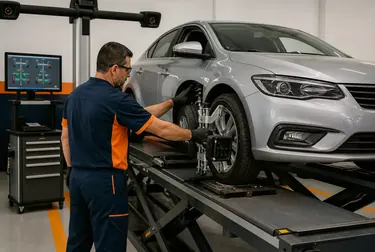 Carro sendo alinhado por um profissional em uma borracharia em Pinhais.